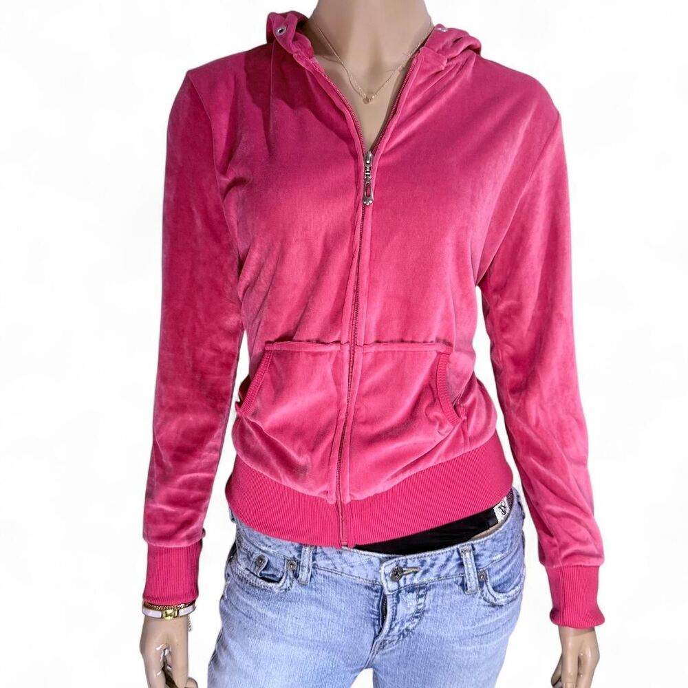 Hot Pink Velour Full-zip Tracksuit Hoodie Top Y2K